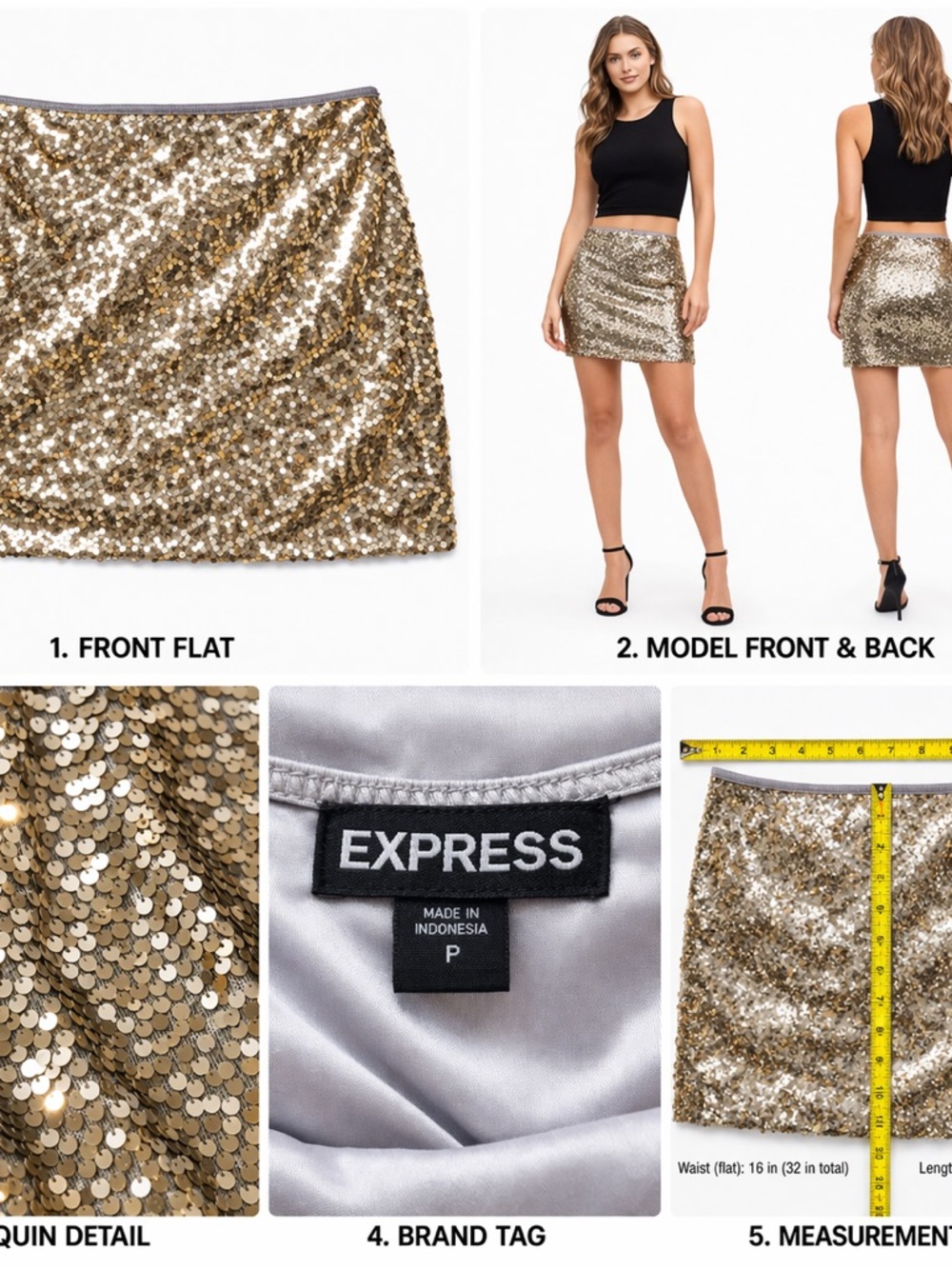 Gold Sequin Mini Skirt Women’s Party Club Holiday Sparkle Stretch Waist Sz SP - Picture 3 of 10